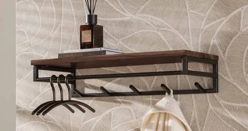 Garderobenpaneel Aria 5 Haken | mit Hutablage | Akazie massiv | braun