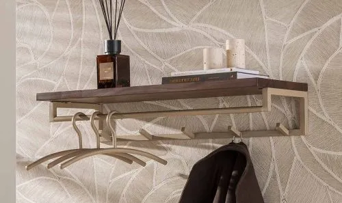 Garderobenpaneel Dion 5 Haken | mit Hutablage | Akazie massiv | beige / braun