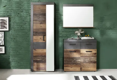 Garderobenschrank Indy | Old Used Wood / Matera grau | Shabby Look