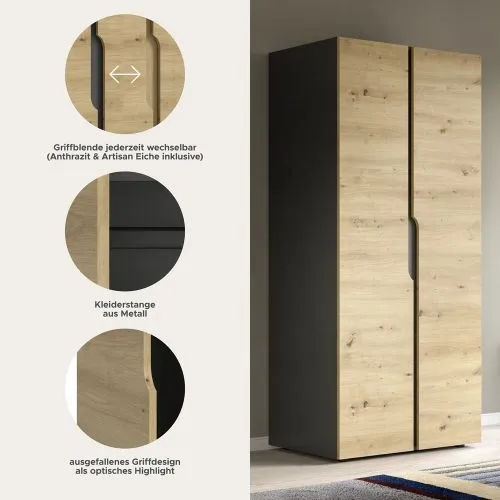 Garderobenschrank Kleiderschrank Anga | 2-türig | Anthrazit / Artisan Eiche