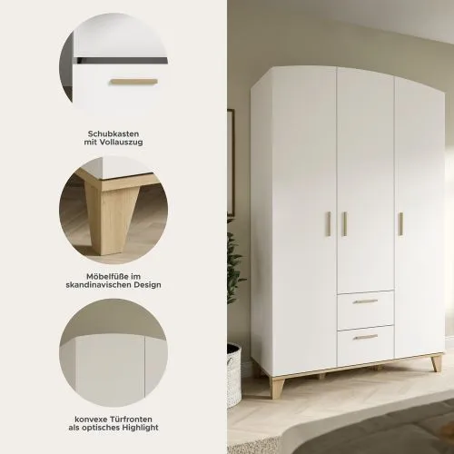 Garderobenschrank Kleiderschrank Stella 3-türig | weiß / Artisan Eiche
