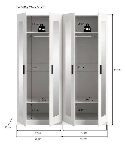 Garderobenschrank Kleiderschrank Visby | 2-teilig mit Spiegel | weiß