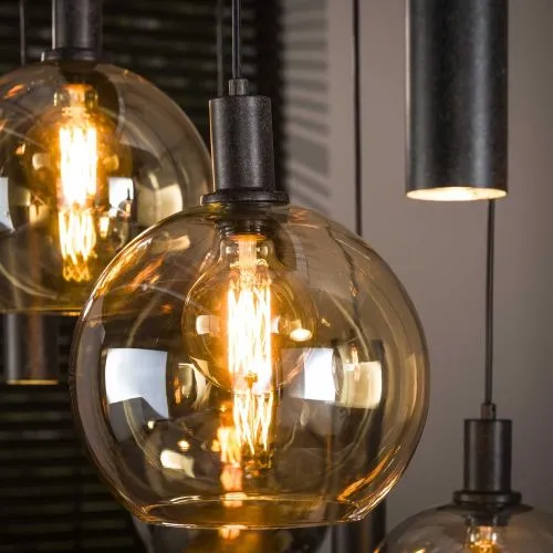 Hängelampe Nosa | 5 + 4 Fassungen | Glas | Chrom / Bernstein / Transparent