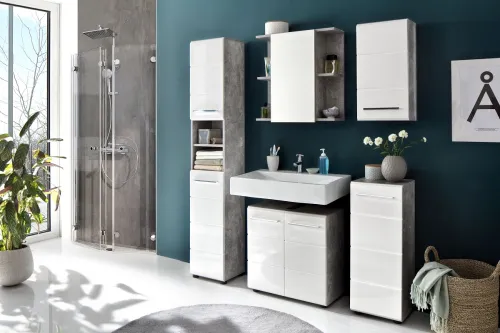 Hängeschrank Nano | weiß Hochglanz / Beton Stone