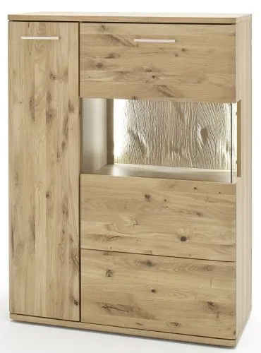 Highboard 1 Santori, Asteiche Bianco massiv, 1 Tür, 1 Schubkasten, Vitrine mit Glasfront und 2 Schubkästen – Ansicht 2