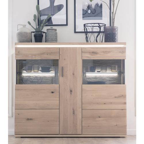 Highboard Barcelona | Balkeneiche Bianco / Eiche Bianco | inkl. LED Beleuchtung