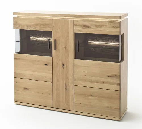 Highboard Barcelona | Balkeneiche Bianco / Eiche Bianco | inkl. LED Beleuchtung mit 2er Set LED Rückwandbeleuchtung