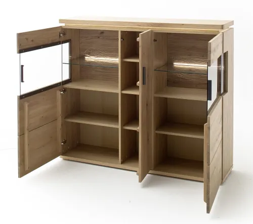 Highboard Barcelona | Balkeneiche Bianco / Eiche Bianco | inkl. LED Beleuchtung mit 2er Set LED Rückwandbeleuchtung