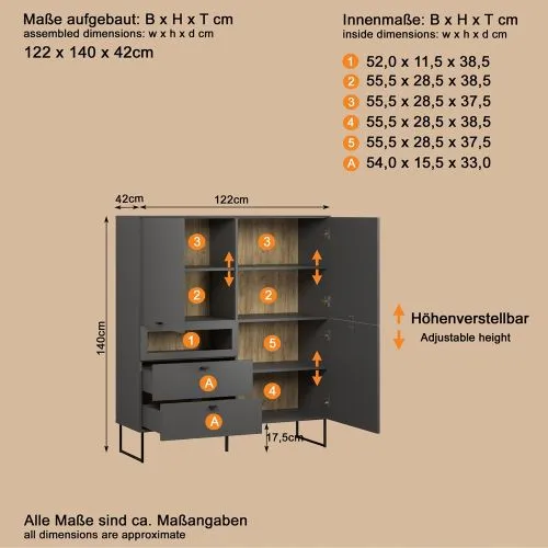 Highboard Bellugi 1, Anthrazit Dekor – Ansicht 4