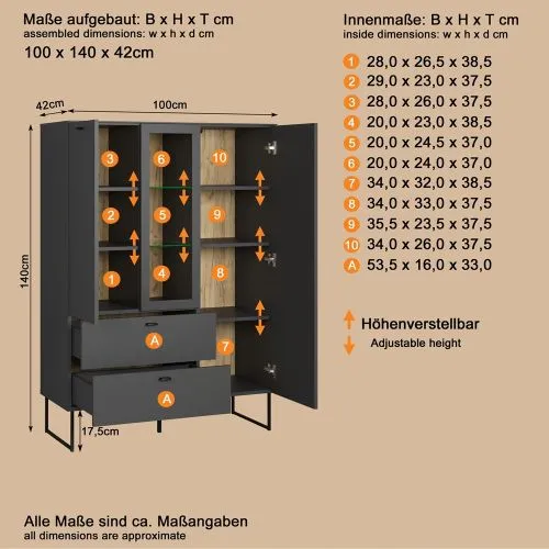 Highboard Bellugi, Anthrazit Dekor – Ansicht 5