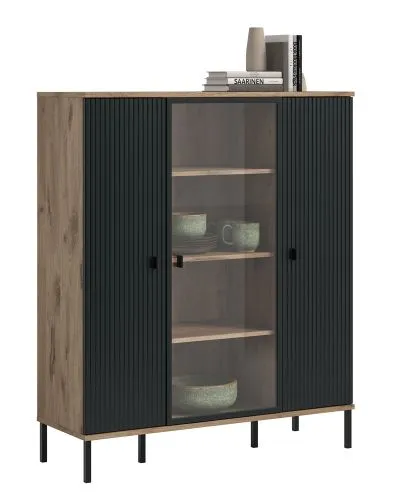 Highboard Chess | Nox Oak / schwarz mit 2er Set Beleuchtung