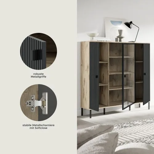 Highboard Chess | Nox Oak / schwarz mit 2er Set Beleuchtung