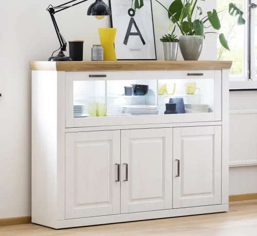 Highboard I Brixen | Landhaus modern | Pinie Aurelio / Grandson Oak mit 3er Set LED Glasbodenclips