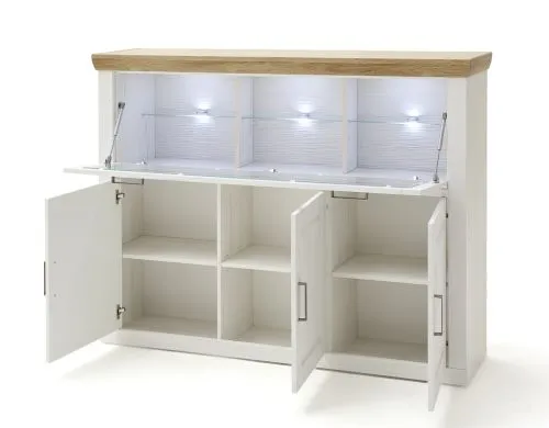 Highboard I Brixen, Weiß Pinie Dekor, Landhausstil, im Wohnzimmer, Vitrinenfach oben, 3 Türen unten, Holzoberfläche – Ansicht 2