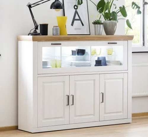 Highboard I Brixen | Landhaus modern | Pinie Aurelio / Grandson Oak mit 3er Set LED Unterbauspot