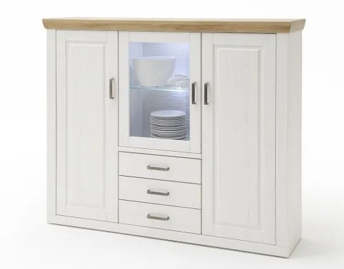 Highboard II Brixen, Weiß Pinie Dekor, Landhausstil, im Wohnzimmer, Glasvitrine mit 2 Türen, 3 Schubkästen, Griffleisten – Ansicht 2