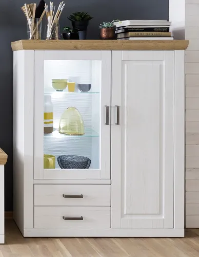 Highboard III Brixen | Landhaus modern | Pinie Aurelio / Grandson Oak mit 1er Set LED Unterbauspot