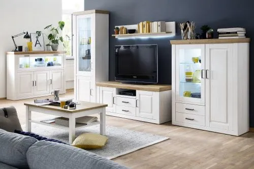 Highboard III Brixen | Landhaus modern | Pinie Aurelio / Grandson Oak mit 2er Set LED Glasbodenclips
