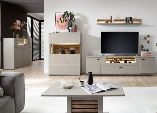 Highboard Lüttich | Basalt / Wotan Eiche | optional LED Beleuchtung