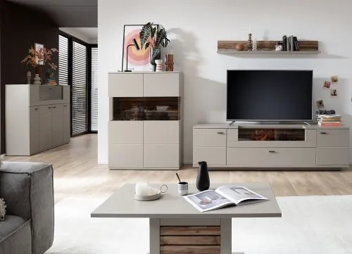 Highboard Lüttich | Basalt / Wotan Eiche | optional LED Beleuchtung