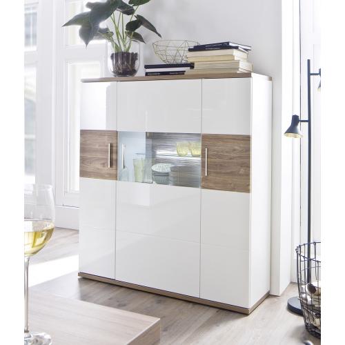 Highboard Luzern | weiß Hochglanz / Sterling Oak | LED Beleuchtung