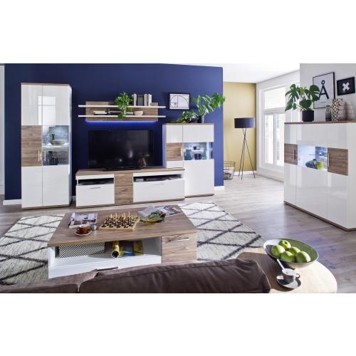 Highboard Luzern | weiß Hochglanz / Sterling Oak | LED Beleuchtung