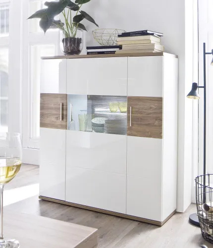 Highboard Luzern | weiß Hochglanz / Sterling Oak | LED Beleuchtung Komplettset