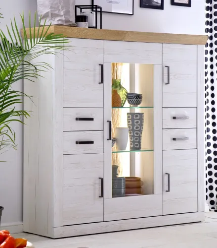 Highboard Madrid | Landhaus | Pinie Aurelio/ Grandson Oak | mit 2er set LED Band 100 cm