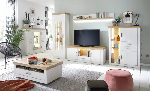 Highboard Madrid | Landhaus | Pinie Aurelio/ Grandson Oak | mit 2er set LED Band 135 cm