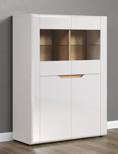 Highboard Marlon | weiß Hochglanz / Evoke Eiche mit 2er Set Glasbodenclip