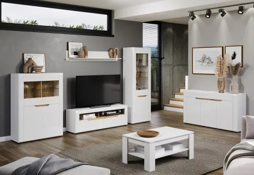 Highboard Marlon | weiß Hochglanz / Evoke Eiche ohne Beleuchtung