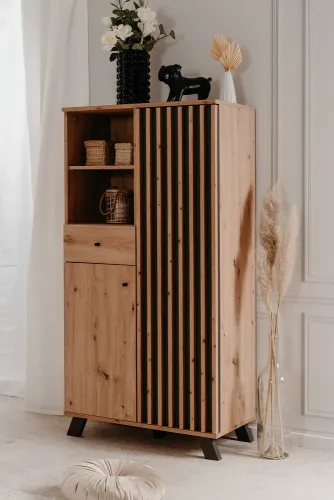 Highboard Medan | mit 3D-Lamellen | Artisan Eiche / anthrazit