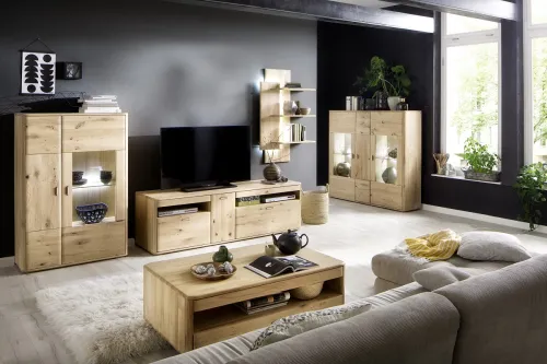 Highboard Ravello links | Balkeneiche Bianco | mit 1er Set LED Rückwandbeleuchtung