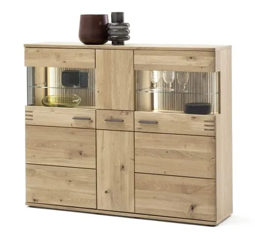 Highboard Salvador, Balkeneiche Bianco, LED Beleuchtung