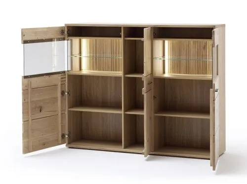 Highboard Salvador, Highboard mit 2 Glastüren oben, 3 Schubkästen in der Mitte, 2 Türen und 2 Schubkästen unten – Ansicht 2