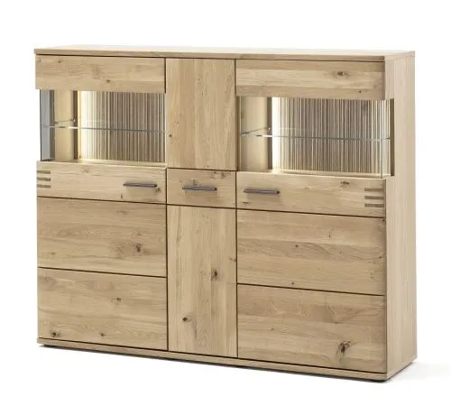 Highboard Salvador, Highboard mit 2 Glastüren oben, 3 Schubkästen in der Mitte, 2 Türen und 2 Schubkästen unten – Ansicht 3