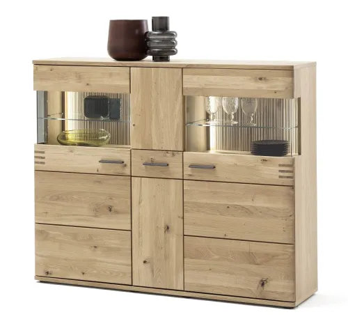 Highboard Salvador | Balkeneiche Bianco | mit 4er Set LED Beleuchtung 30 cm