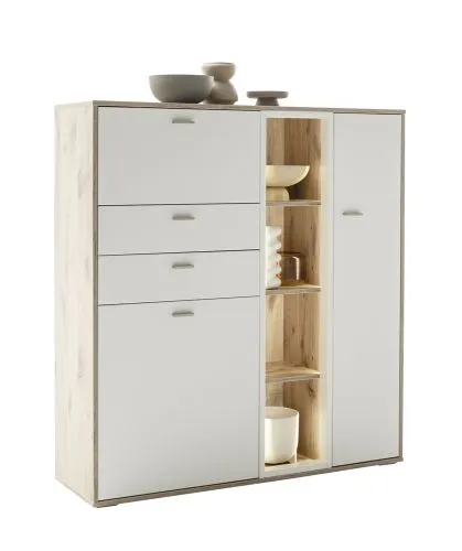 Highboard Santerno | Soft white / Viking Oak | mit Beleuchtung