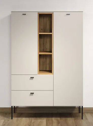 Highboard Sao Paulo, Kaschmir Dekor, Offene Mittelnische mit 3 Böden, 2 Schubkästen unten, Metallfüße – Ansicht 3