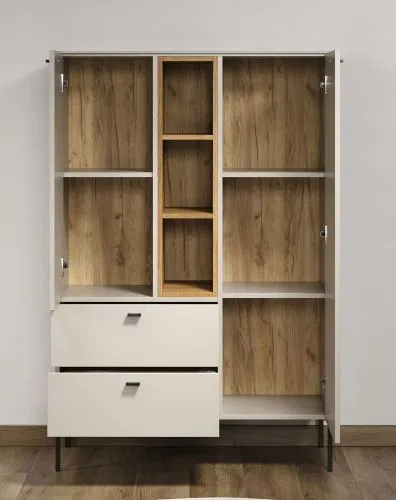 Highboard Sao Paulo, Kaschmir Dekor, Offene Mittelnische mit 3 Böden, 2 Schubkästen unten, Metallfüße – Ansicht 4