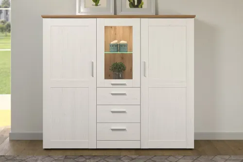 Highboard Shade | Andersen Pinie weiß / Artisan Eiche | Landhausstil | LED Beleuchtung