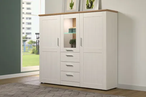 Highboard Shade | Andersen Pinie weiß / Artisan Eiche | Landhausstil | mit 1er Set LED Glasbodenclips