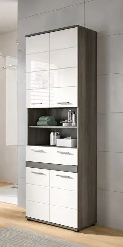 Hochschrank Badschrank Blake | weiß Hochglanz / Rauchsilber