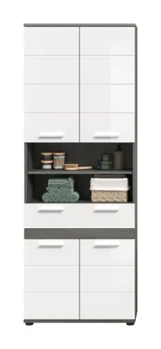 Hochschrank Badschrank Blake | weiß Hochglanz / Rauchsilber