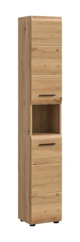 Hochschrank Ice, Artisan Eiche Dekor, Schmaler Hochschrank mit 2 Schubkästen, offenes Fach in der Mitte, Metallgriffe – Ansicht 2