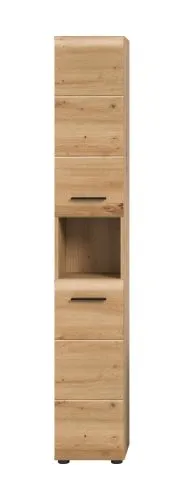 Hochschrank Ice, Artisan Eiche Dekor, Schmaler Hochschrank mit 2 Schubkästen, offenes Fach in der Mitte, Metallgriffe – Ansicht 3