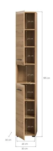 Hochschrank Ice, Artisan Eiche Dekor, Schmaler Hochschrank mit 2 Schubkästen, offenes Fach in der Mitte, Metallgriffe – Ansicht 5