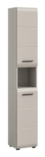 Hochschrank Ice, Kaschmir matt, Schmales Hochregal mit offener Nische, Schubkästen und Griffen – Ansicht 2