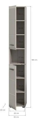 Hochschrank Ice, Kaschmir matt, Schmales Hochregal mit offener Nische, Schubkästen und Griffen – Ansicht 5