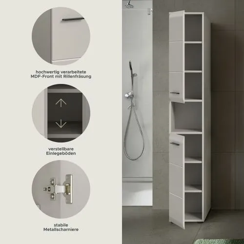 Hochschrank Ice, Kaschmir matt, Schmales Hochregal mit offener Nische, Schubkästen und Griffen – Ansicht 6